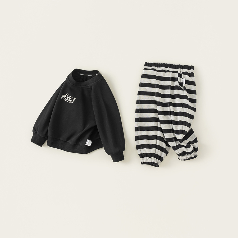 童裝兒童春款衛衣套裝春季男寶寶套頭上衣女童條紋衛褲兩件套