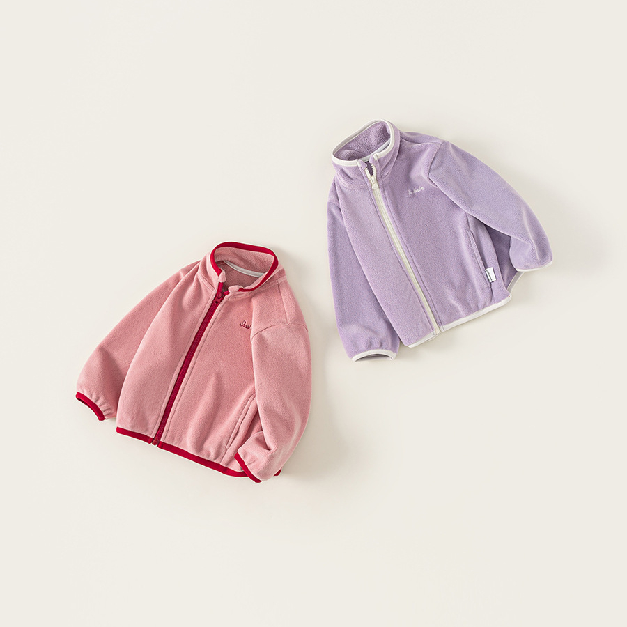 童裝秋款兒童上衣包邊內膽繡花長袖拼色長袖衣服女童毛絨外套