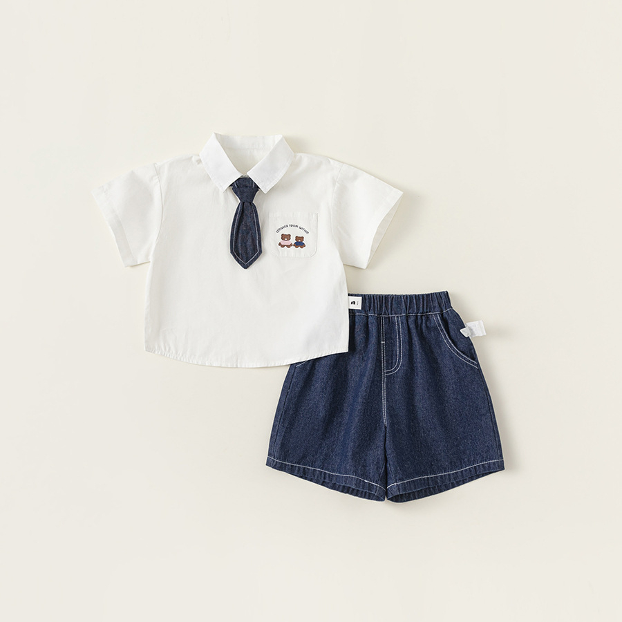 童裝男童套裝兒童學院風襯衫牛仔褲寶寶班服兩件套女童裝園服