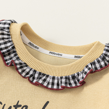 童裝女童上衣格子拼接兒童衛衣印花圓領中小童套頭衫春季新品