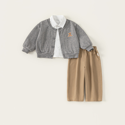 童裝秋季男童套裝純色翻領襯衫繡花開衫外套兒童休閒褲兩件套