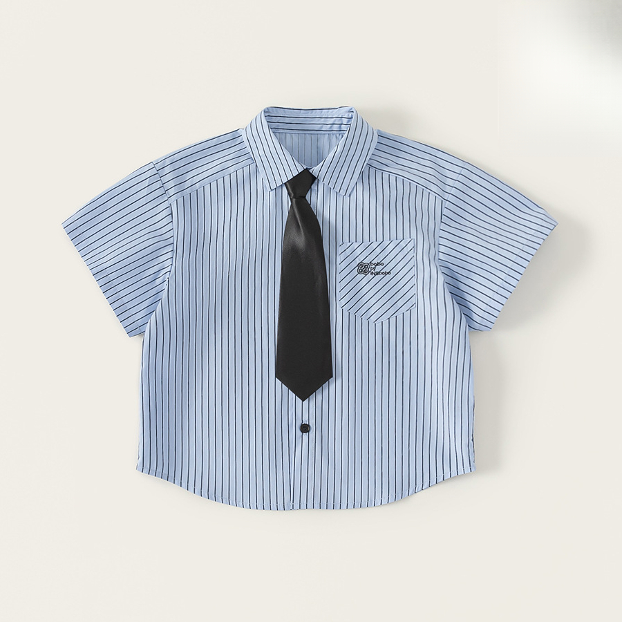 童裝夏季新款男童衣服套裝簡約休閒條紋襯衫休閒短褲兩件套