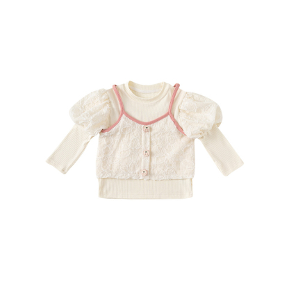 童裝新款女童上衣泡泡袖打底衫吊帶兩件套女孩子洋氣套裝秋裝