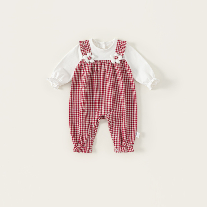 嬰童秋裝假兩件揹帶褲格紋花邊新生兒衣服寶寶連體衣女童爬服