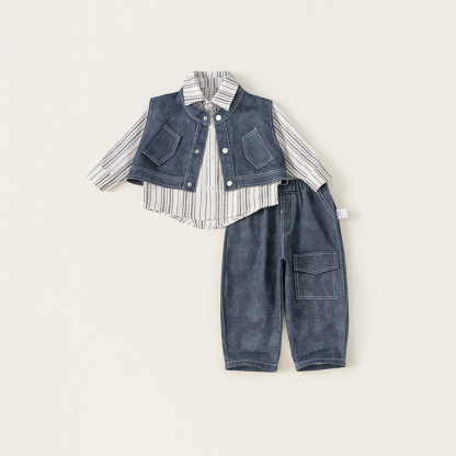 兒童套裝韓版童裝炸街痞帥秋款條紋長袖襯衫馬甲男童三件套