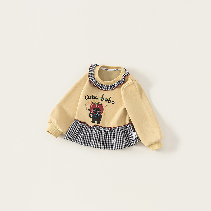 童裝女童上衣格子拼接兒童衛衣印花圓領中小童套頭衫春季新品