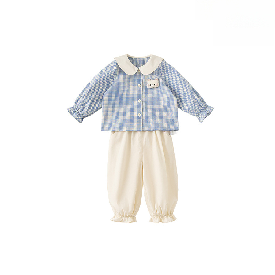 童裝女寶寶襯衫長褲兩件套25春季新款女童娃娃領格子上衣套裝