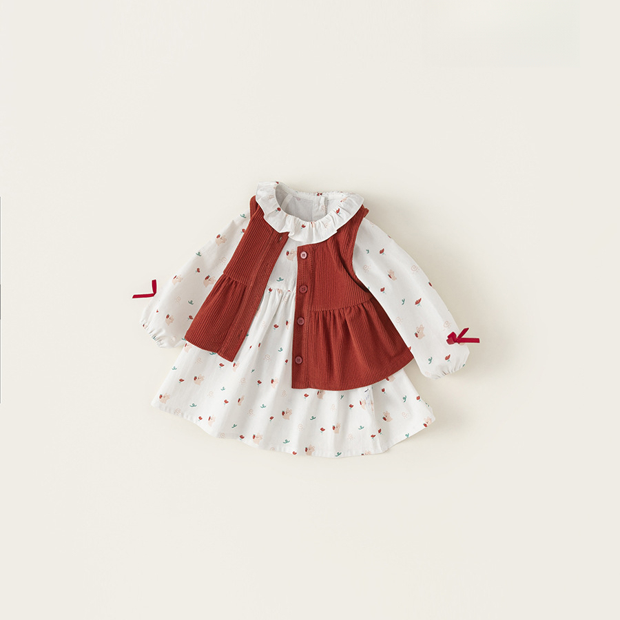 童裝秋款女童兩件套燈芯絨休閒馬甲女寶碎花連衣裙兒童套裝