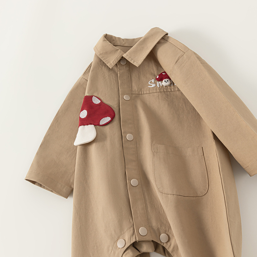 秋季新款新生兒衣服翻領長袖卡通蘑菇男寶寶連體衣男童爬服