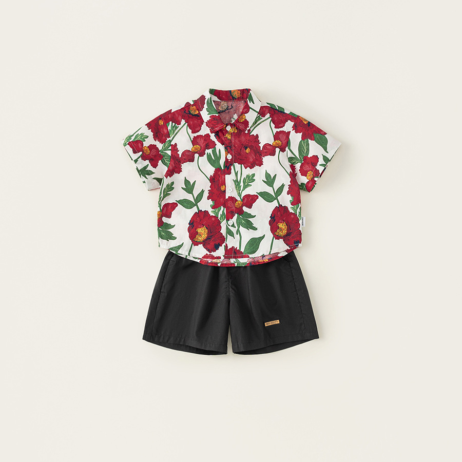 童裝男童夏裝套裝2025新款夏季帥氣兒童度假風短袖襯衫兩件套