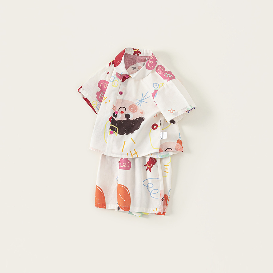 童裝夏款兒童套裝翻領塗鴉印花短袖寬鬆襯衫休閒短褲兩件套