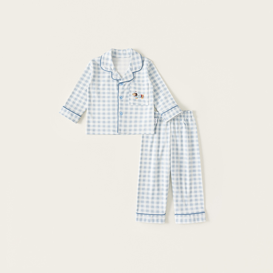 童裝兒童秋季女童睡衣純棉套裝格子男童長褲寶寶保暖家居服