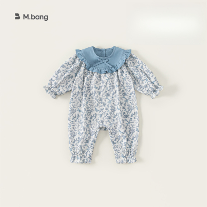 童裝新款女寶寶衣服洋氣碎花秋裝兒童連體衣花邊領女童爬服