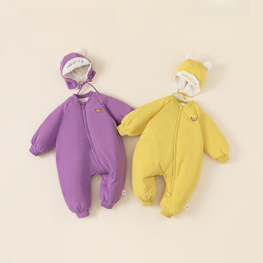 童裝兒童羽絨爬服白鴨絨寶寶斜拉鍊卡通羽絨服帽子包腳嬰幼兒