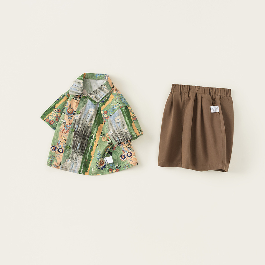 童裝男童夏裝兩件套年新款兒童短袖塗鴉襯衣寶寶短褲套裝