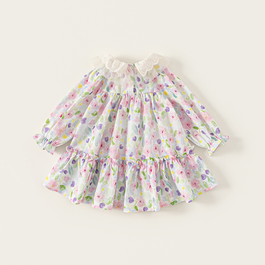 童裝女童連衣裙彩色寬鬆兒童裙子春季新品花邊領寶寶長袖裙子