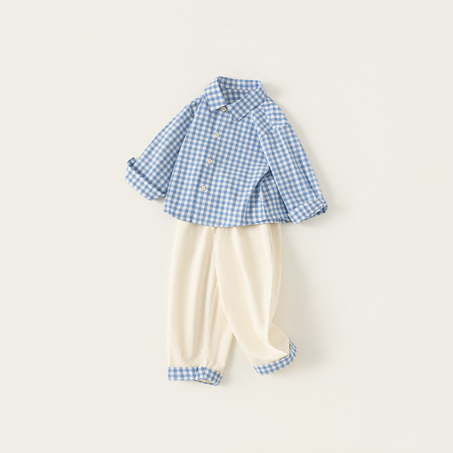 童装男童套装格子衬衫拼接长裤儿童两件套春季新品小童休闲装