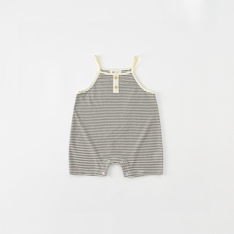 童裝夏季新品連體衣新生兒單排扣吊帶嬰兒衣服男寶寶條紋爬服