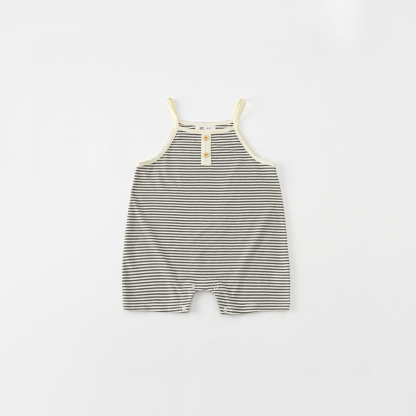 童裝夏季新品連體衣新生兒單排扣吊帶嬰兒衣服男寶寶條紋爬服