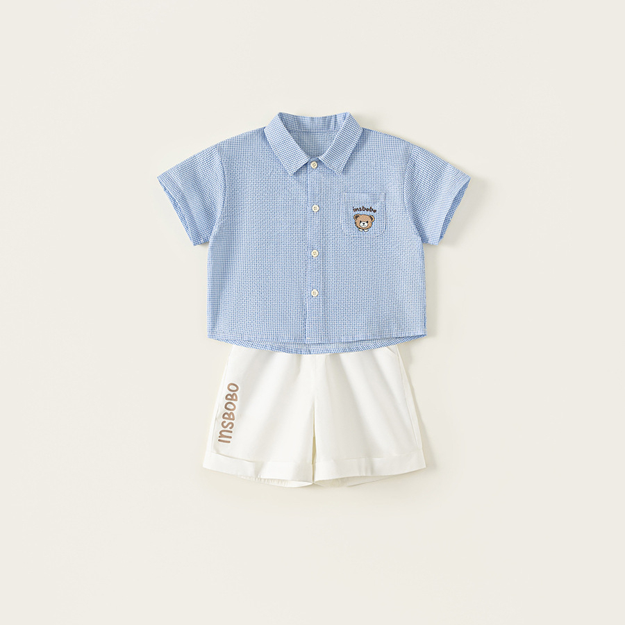 童裝夏款兒童小格子可愛印花襯衫純色印花短褲男小童兩件套