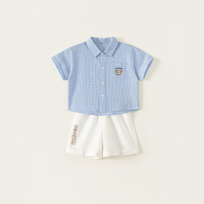 童裝夏款兒童小格子可愛印花襯衫純色印花短褲男小童兩件套
