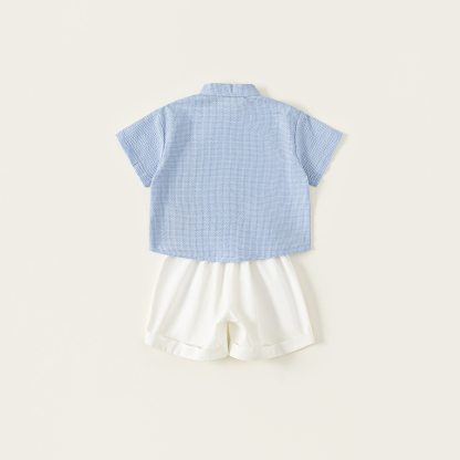 童裝夏款兒童小格子可愛印花襯衫純色印花短褲男小童兩件套