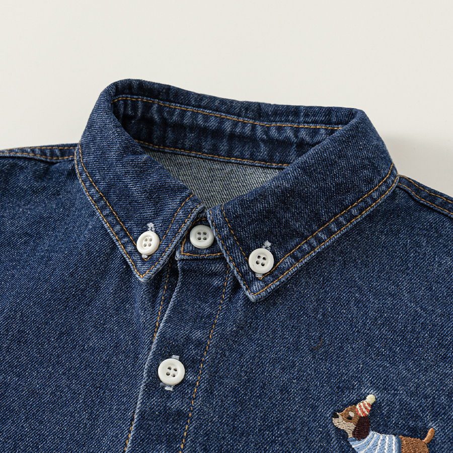 童裝中大童秋季新款女孩子上衣兒童襯衫復古刺繡男童牛仔外套