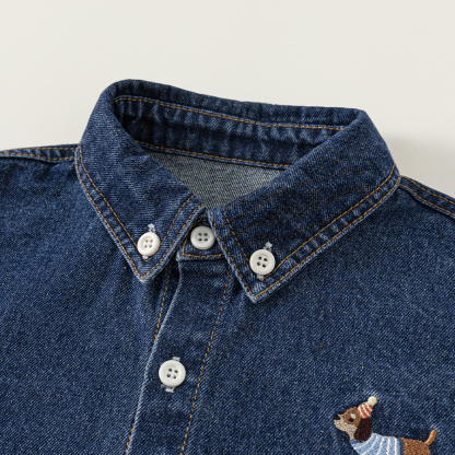 童裝中大童秋季新款女孩子上衣兒童襯衫復古刺繡男童牛仔外套