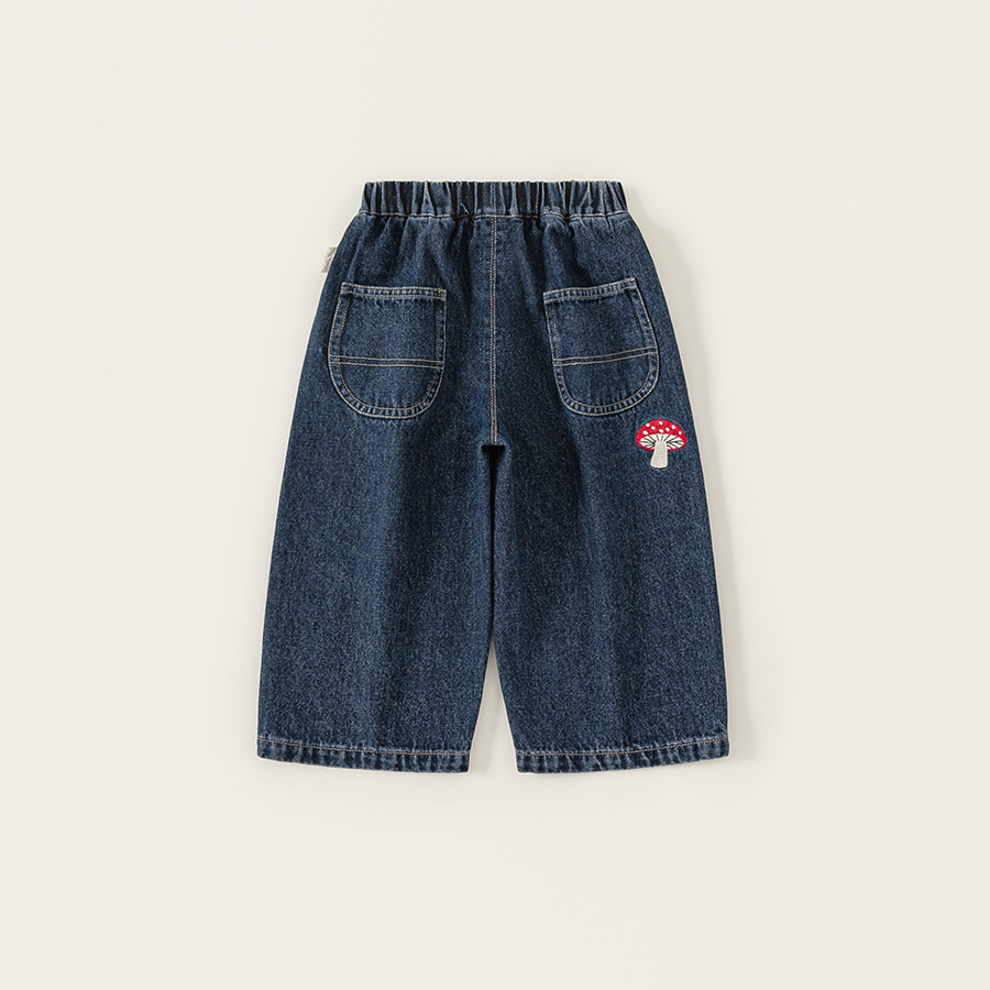 童裝新款秋裝兒童長褲秋季童褲男童直筒褲蘑菇刺繡女孩牛仔褲