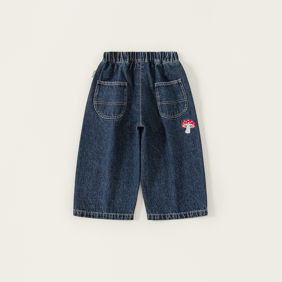 童裝新款秋裝兒童長褲秋季童褲男童直筒褲蘑菇刺繡女孩牛仔褲