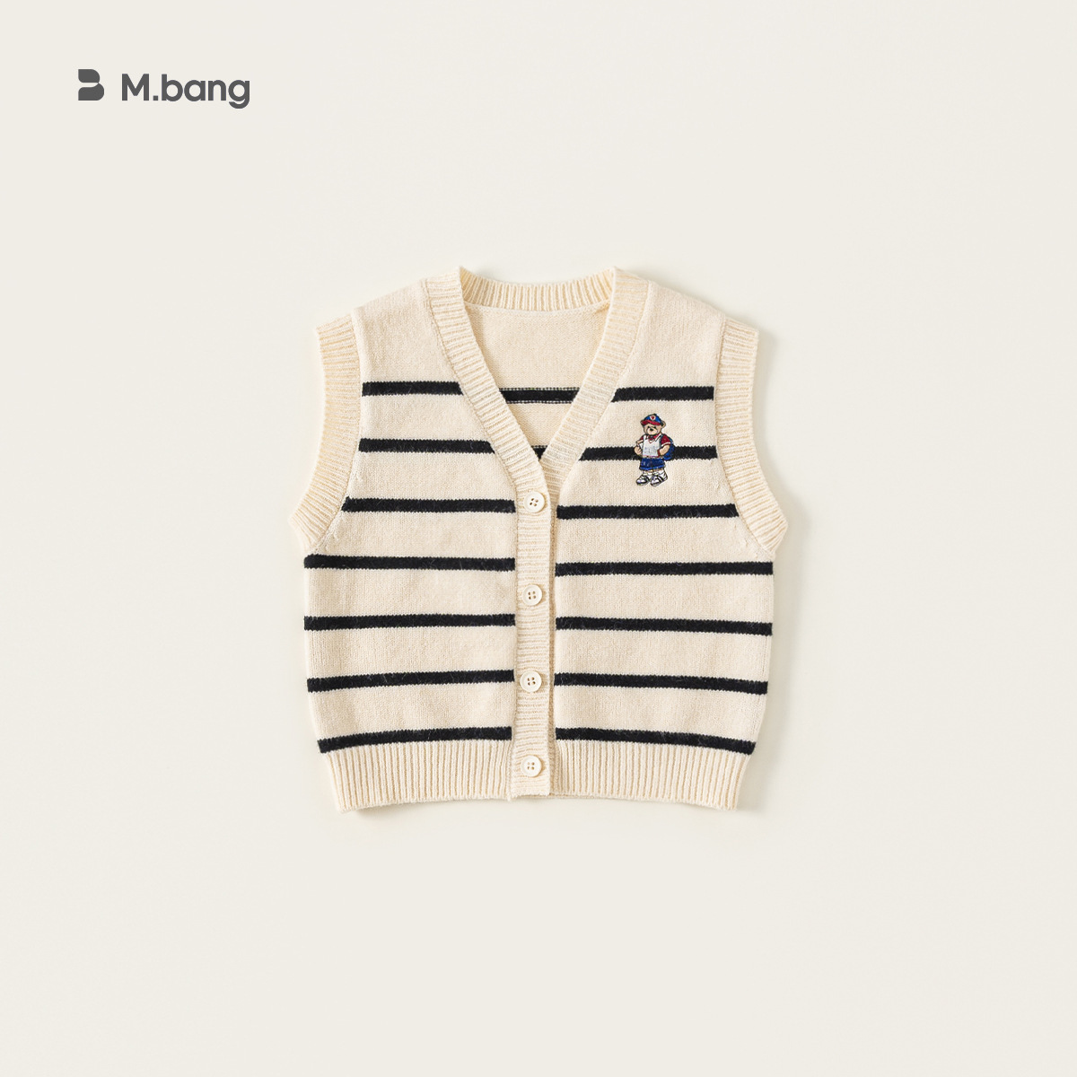 童裝新款秋裝小熊刺繡兒童上衣針織條紋無袖背心男童毛衣馬甲