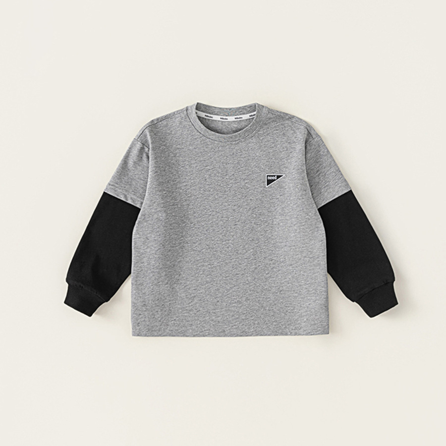 男童春秋款百搭上衣簡約假兩件撞色T恤童裝中大童長袖