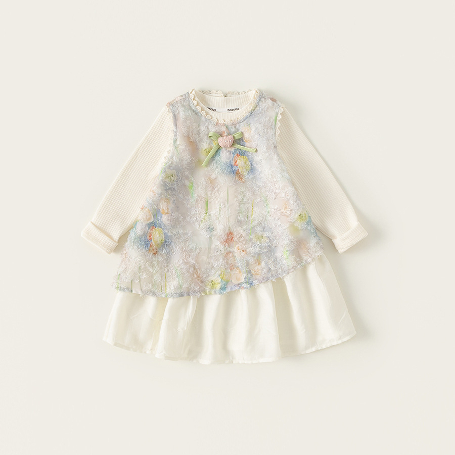 童裝女童套裝裙春季新品彩色花朵連衣裙純色打底衫兒童兩件套