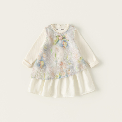 童裝女童套裝裙春季新品彩色花朵連衣裙純色打底衫兒童兩件套