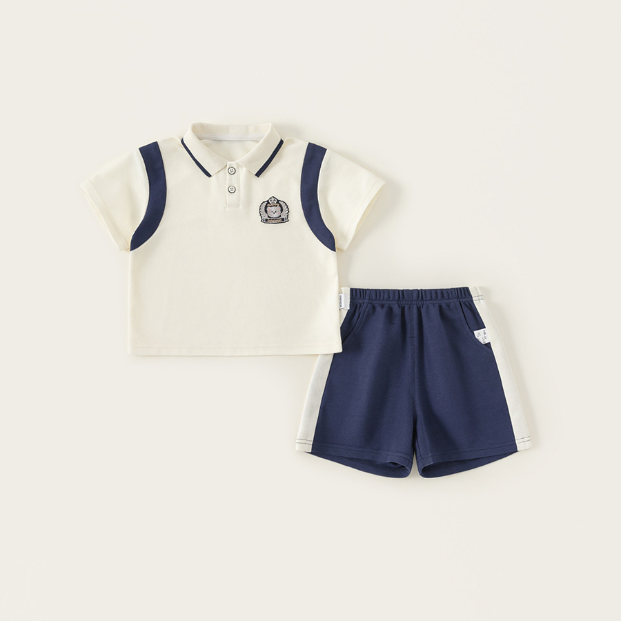 童裝男童套裝繡標休閒撞色Polo衫簡約休閒男小童短褲兩件套