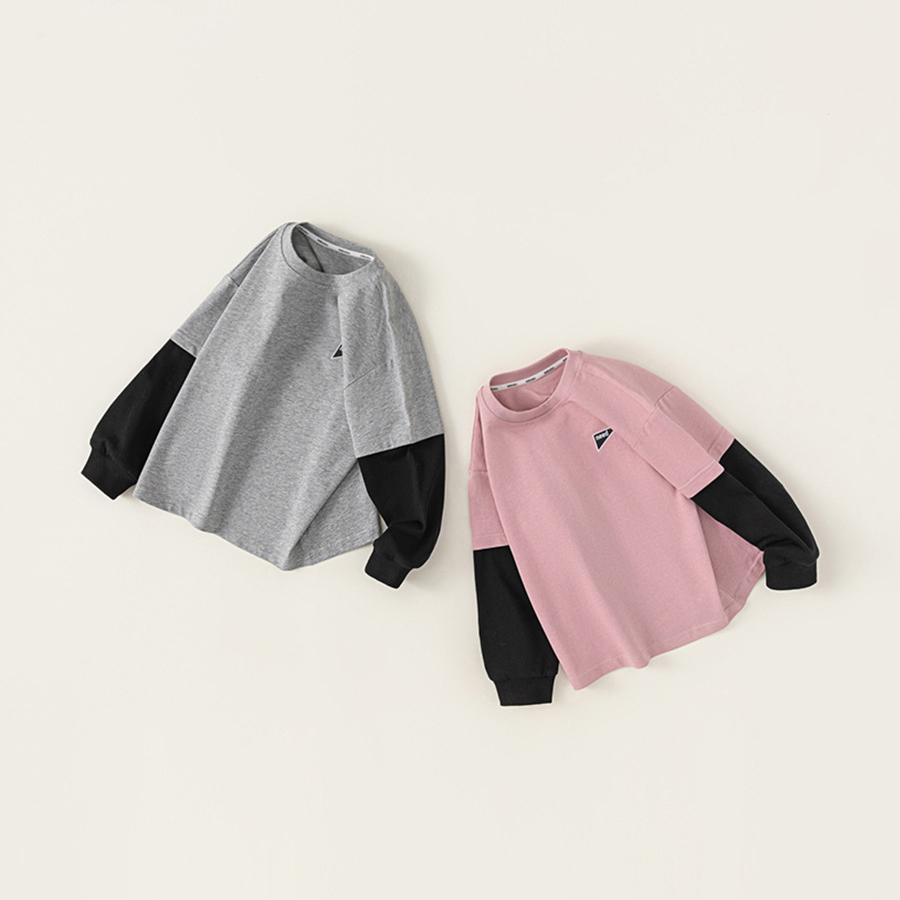 男童春秋款百搭上衣簡約假兩件撞色T恤童裝中大童長袖
