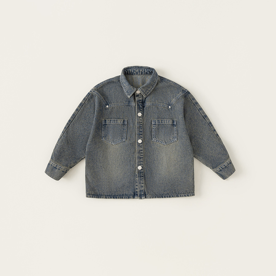 男童牛仔上衣中大童春秋款鉚釘做舊感復古外套男孩子長袖襯衫