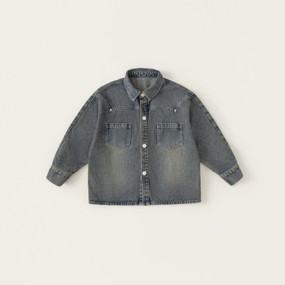 男童牛仔上衣中大童春秋款鉚釘做舊感復古外套男孩子長袖襯衫