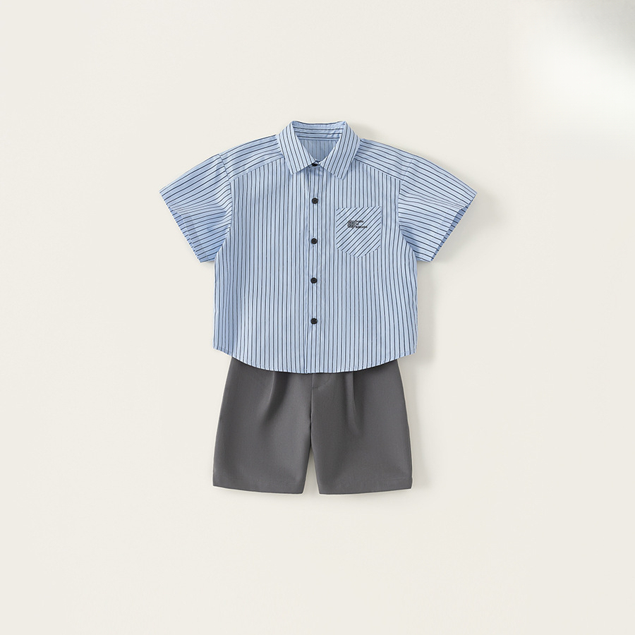童裝夏季新款男童衣服套裝簡約休閒條紋襯衫休閒短褲兩件套