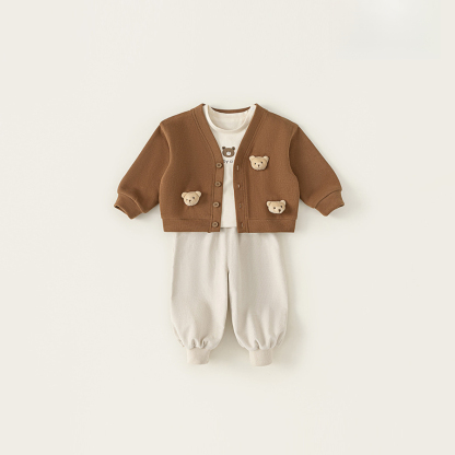 童裝男寶秋裝衣服寶寶套裝2025新款小熊開衫T恤長褲三件套