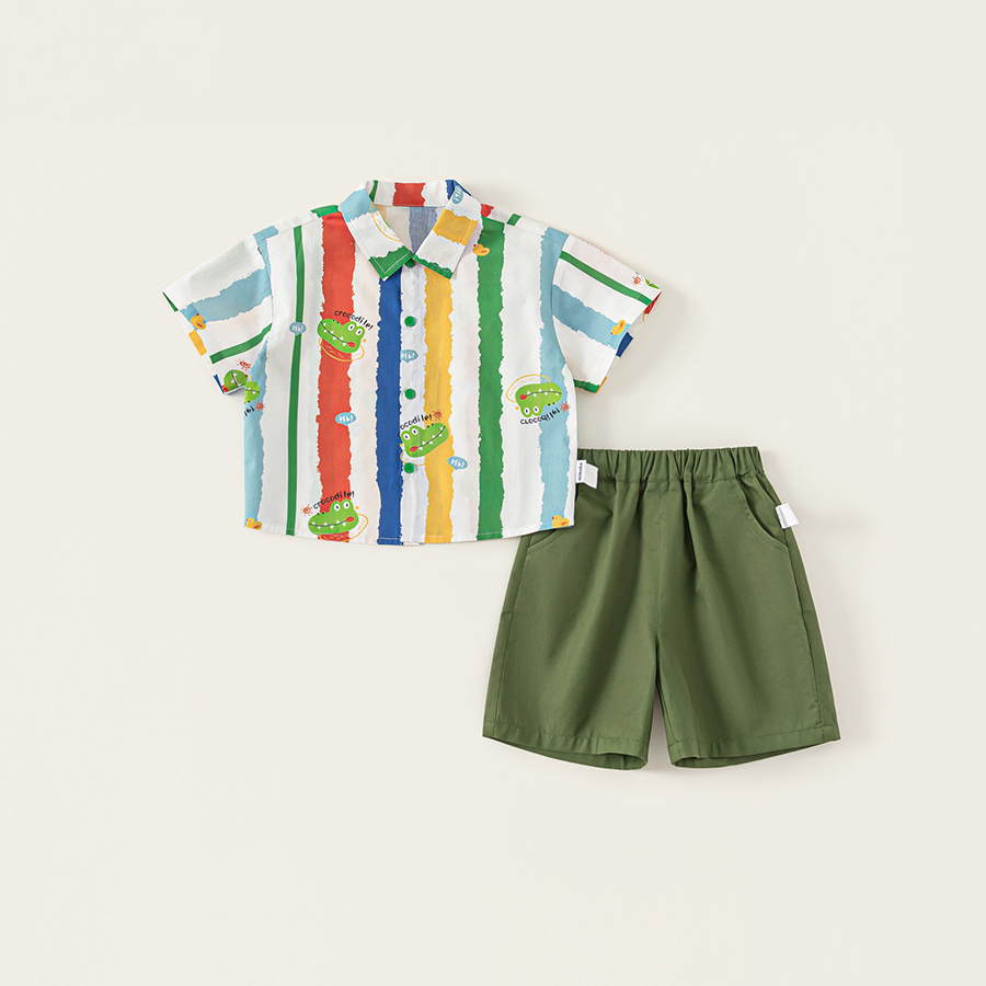 童裝休閒翻領卡通印花襯衫純色休閒短褲兩件套男童夏季套裝