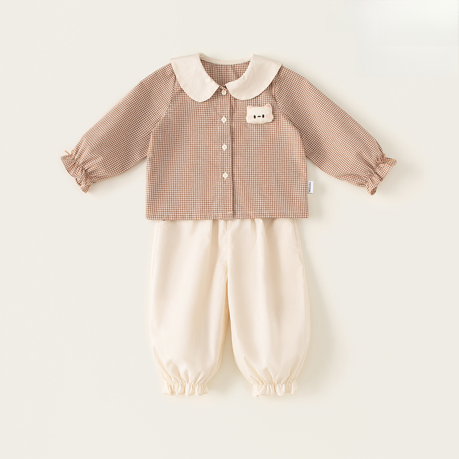 童裝女寶寶襯衫長褲兩件套25春季新款女童娃娃領格子上衣套裝