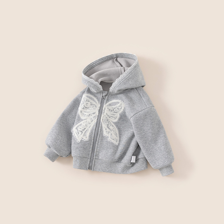 兒童連帽拉鍊衫冬季新品蝴蝶結甜美洋氣小童開衫衛衣女童外套