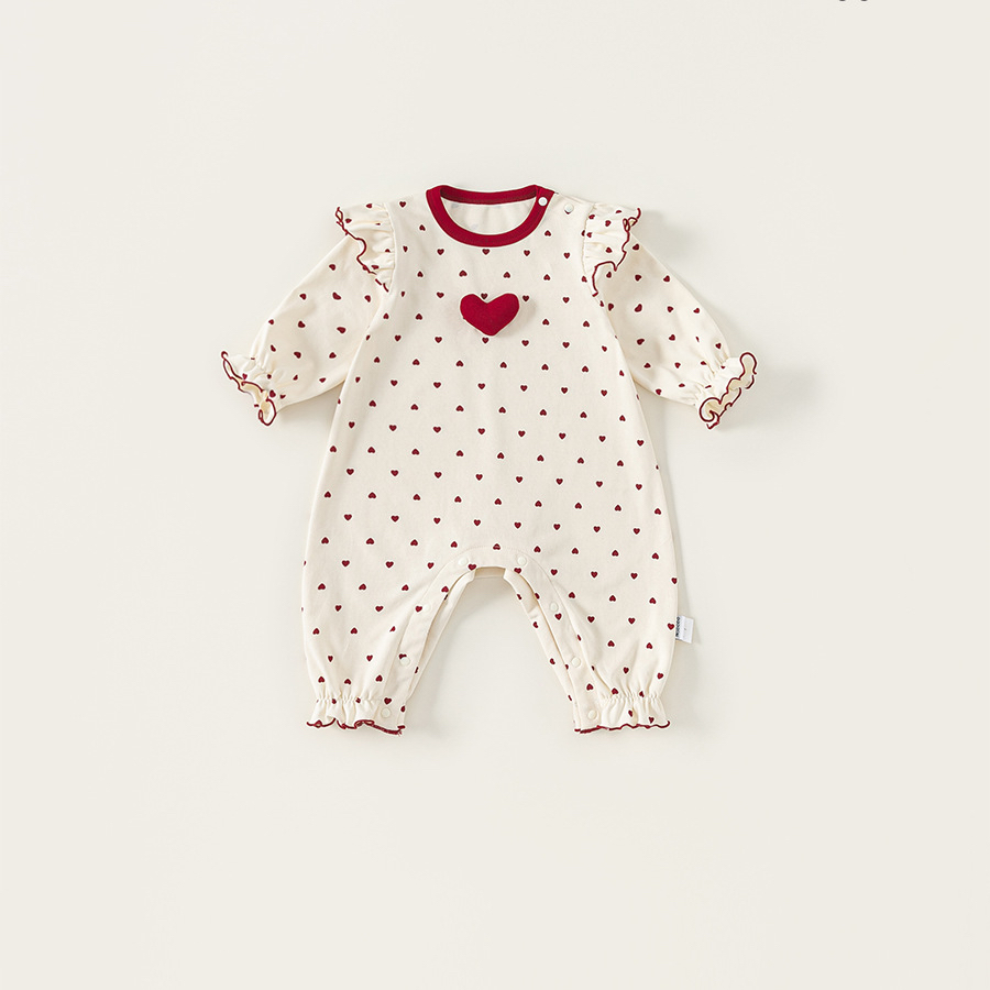 秋款童裝愛心印花女寶寶衣服花邊圓領新生兒爬服女童連體衣