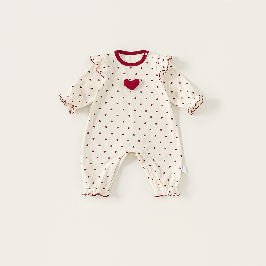 秋款童裝愛心印花女寶寶衣服花邊圓領新生兒爬服女童連體衣