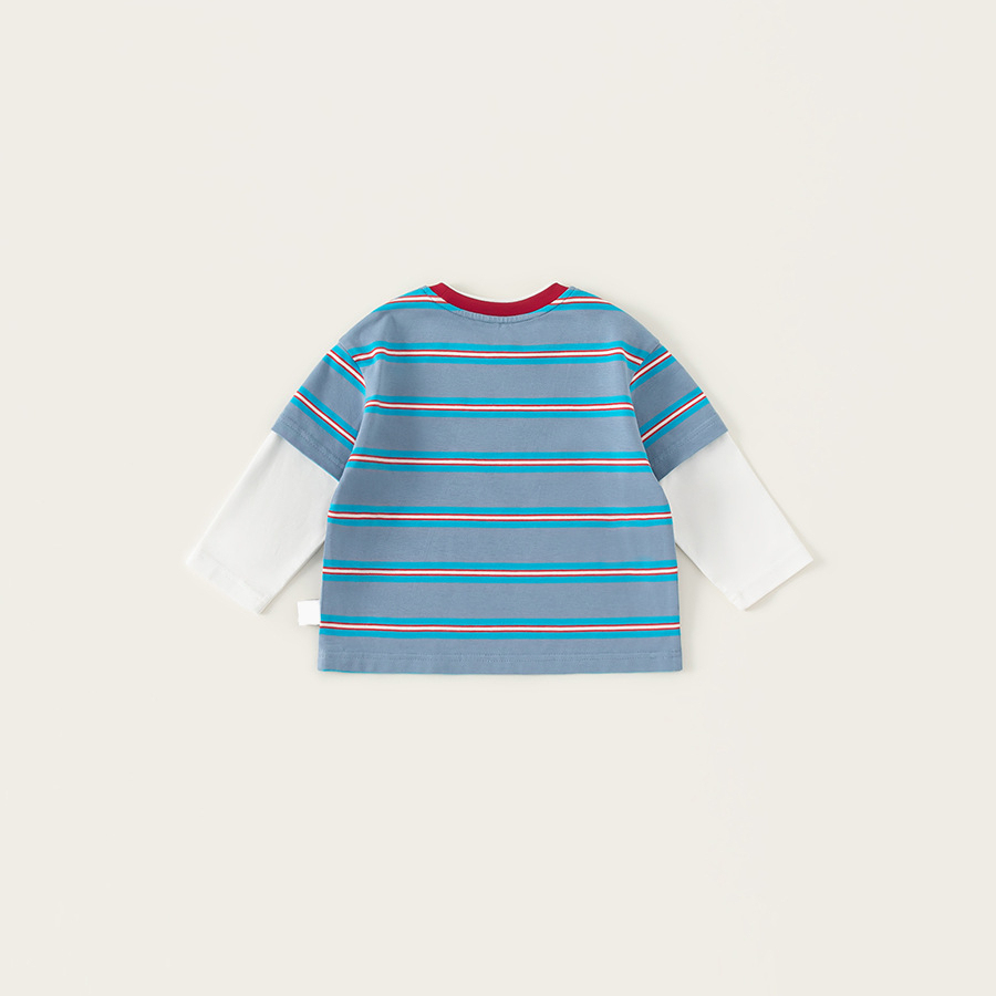 童裝男童T恤春季新款中小童假兩件條紋拼色時尚休閒兒童上衣