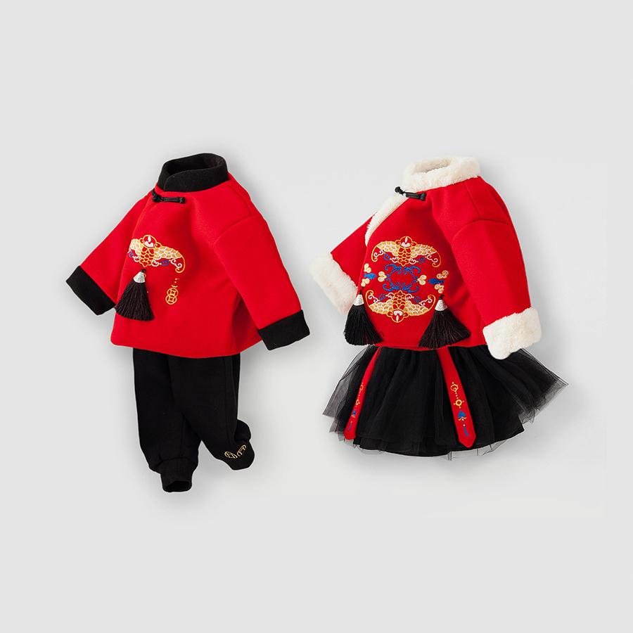 童裝兒童套裝冬季國風男女童加厚兒童新年衣服兩件套