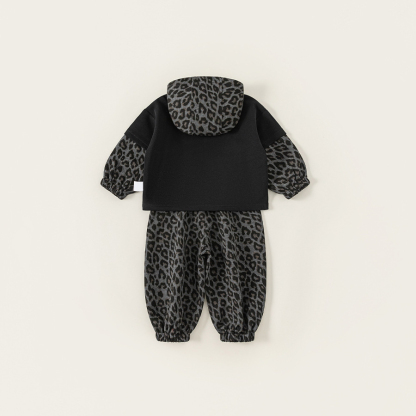 童裝男童套裝春新品豹紋假兩件連帽衛衣束腳褲兒童帥氣兩件套