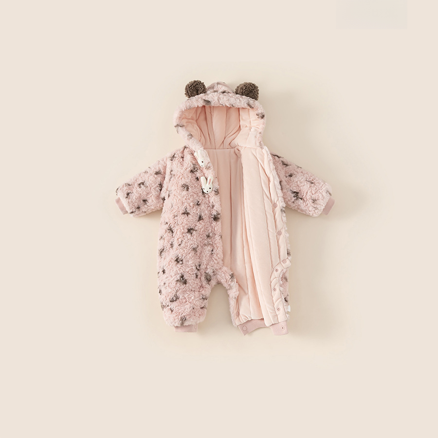 童裝女寶寶冬季保暖連體衣嬰兒加絨保暖毛毛衣豹紋寶寶衣服