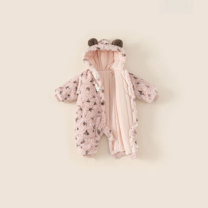 童裝女寶寶冬季保暖連體衣嬰兒加絨保暖毛毛衣豹紋寶寶衣服